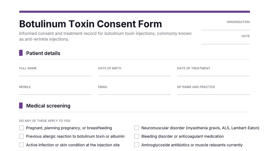 Botulinum toxin consent form template thumbnail