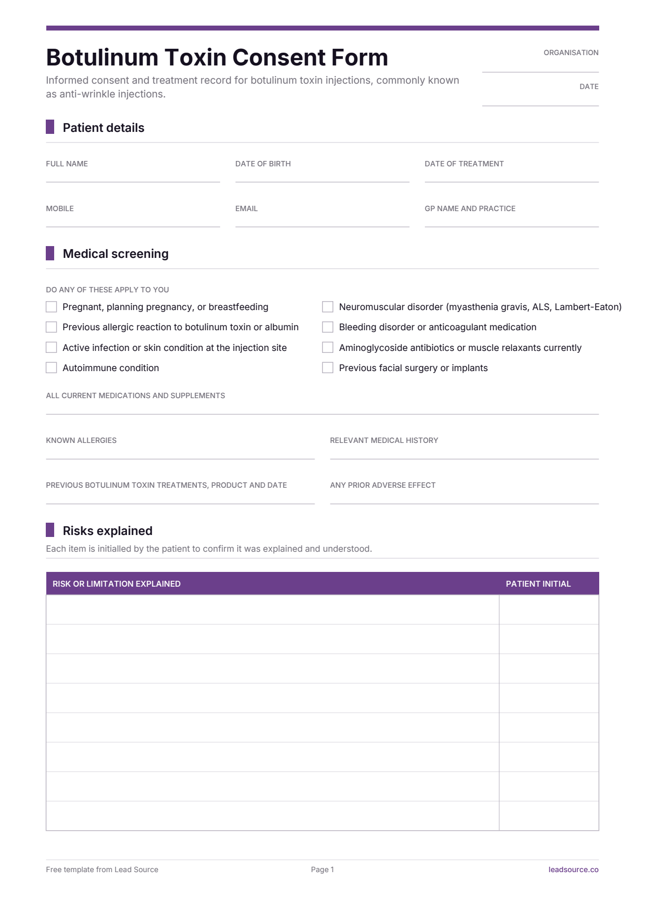 Botulinum toxin consent form template, page 1 of 3