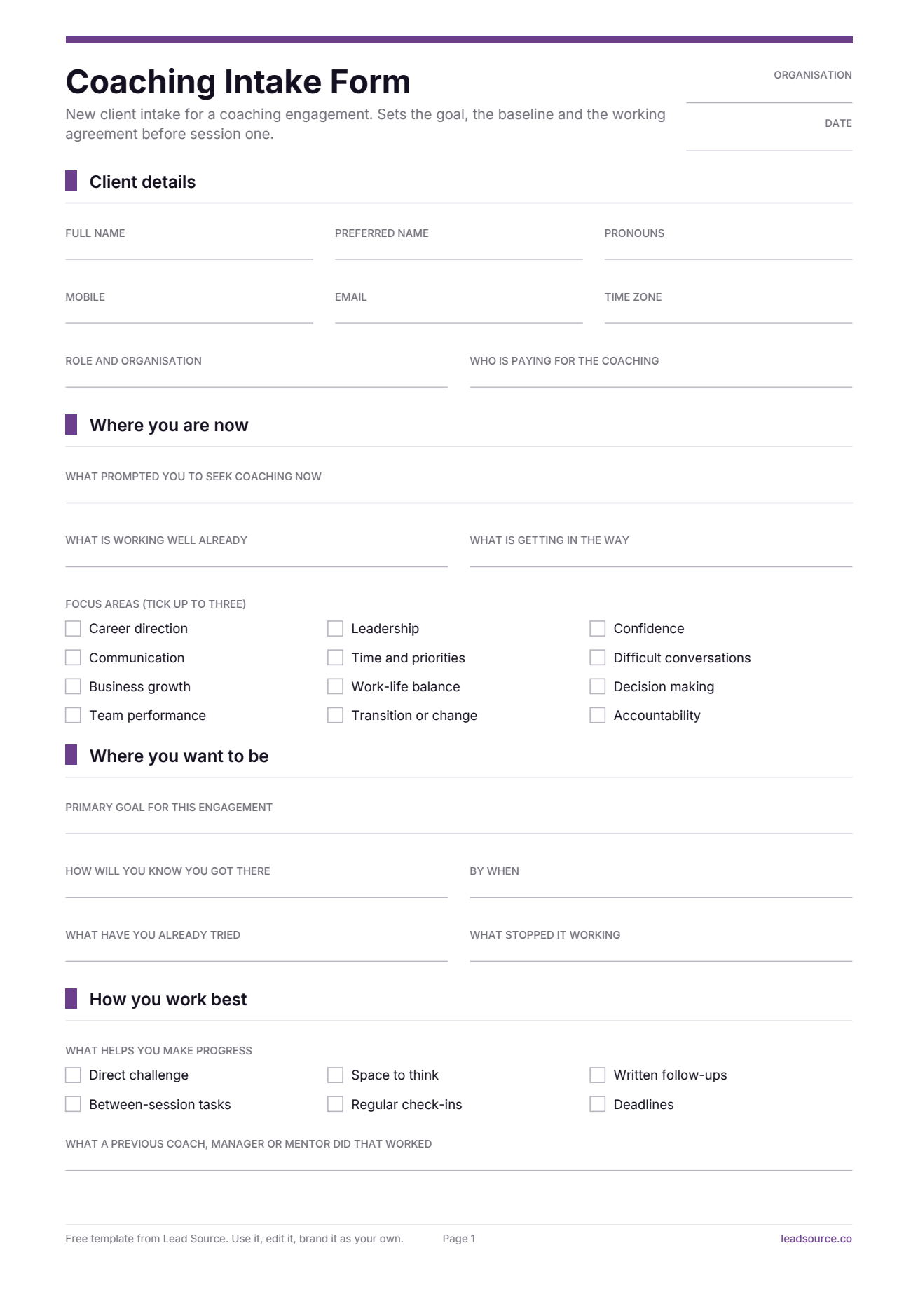 Coaching intake form template, page 1 of 2