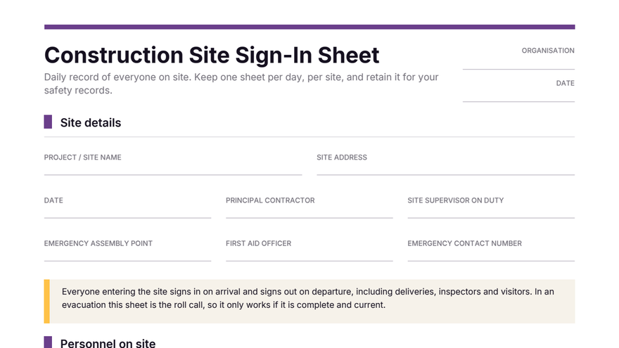 Construction site sign-in sheet template thumbnail