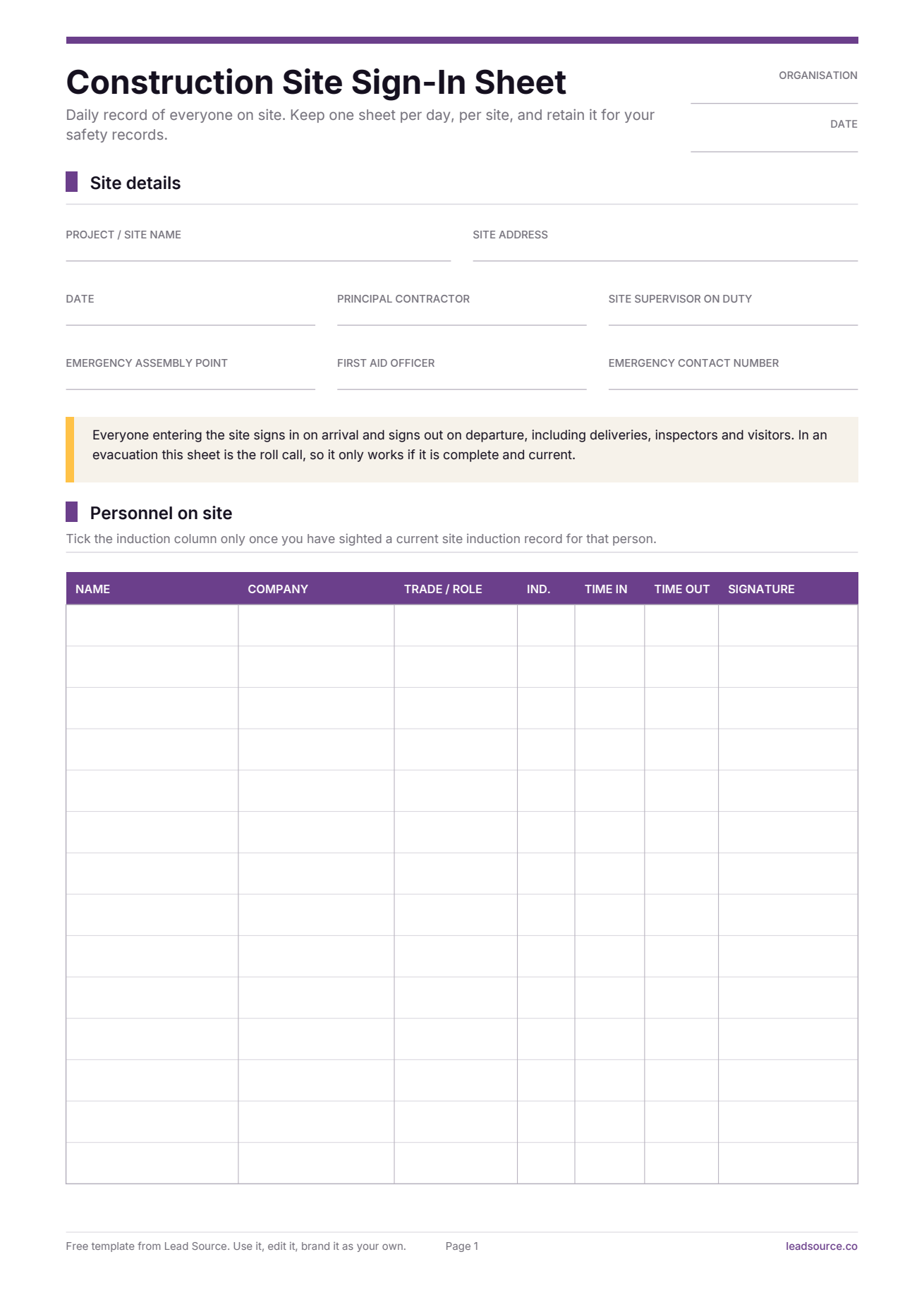 Construction site sign-in sheet template, page 1 of 2
