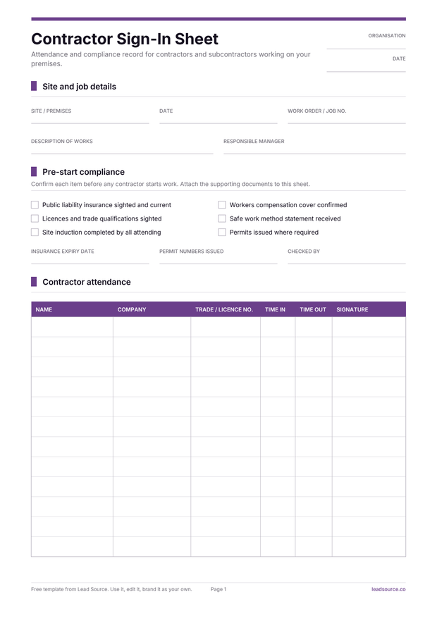 Contractor sign-in sheet template, page 1