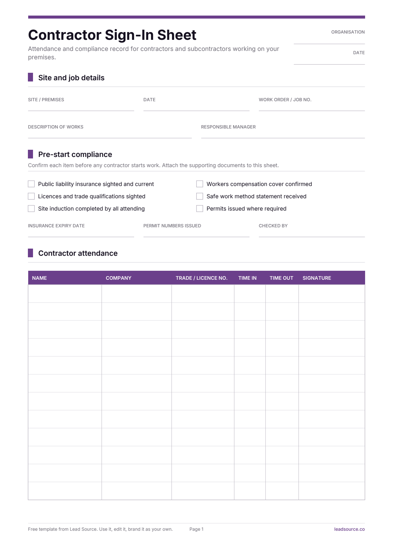 Contractor sign-in sheet template, page 1 of 2