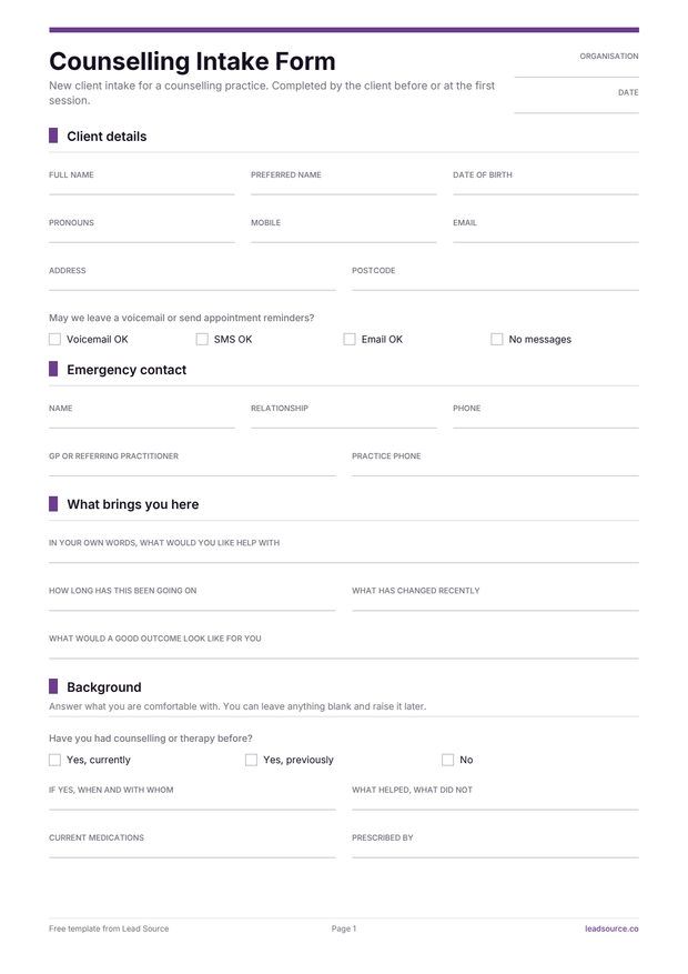 Counselling intake form template, page 1