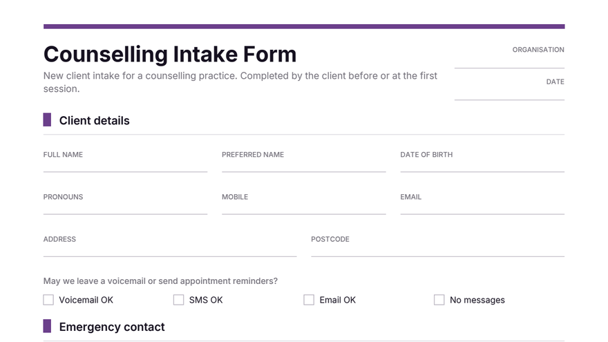 Counselling intake form template thumbnail