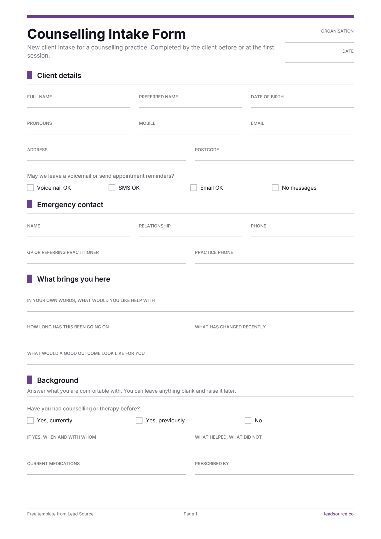 Counselling intake form template, page 1 of 2