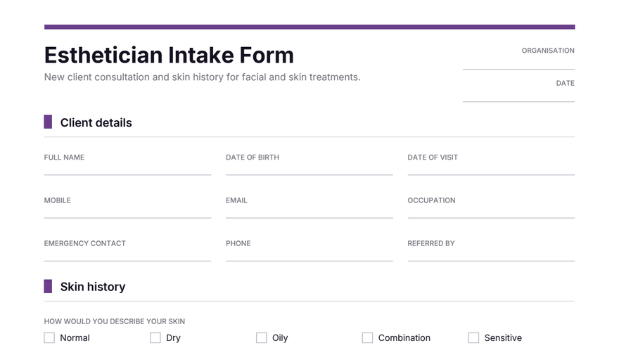 Esthetician intake form template thumbnail