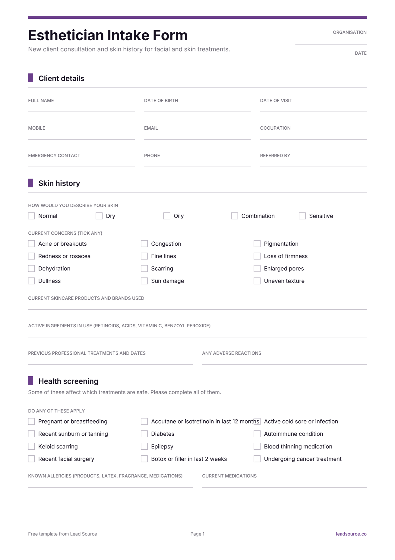 Esthetician intake form template, page 1 of 2