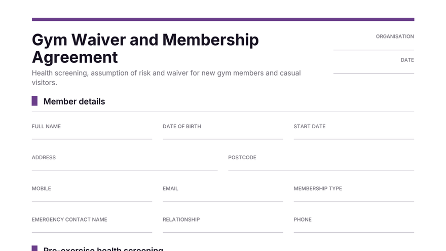 Gym waiver form template thumbnail