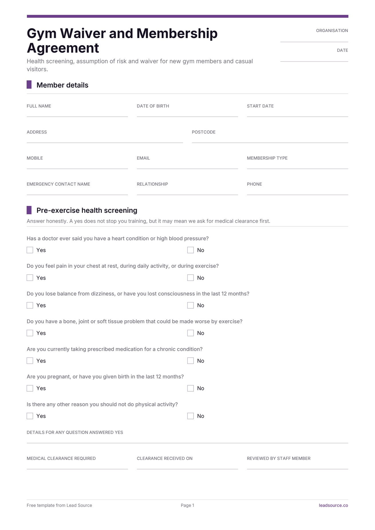 Gym waiver form template, page 1 of 2