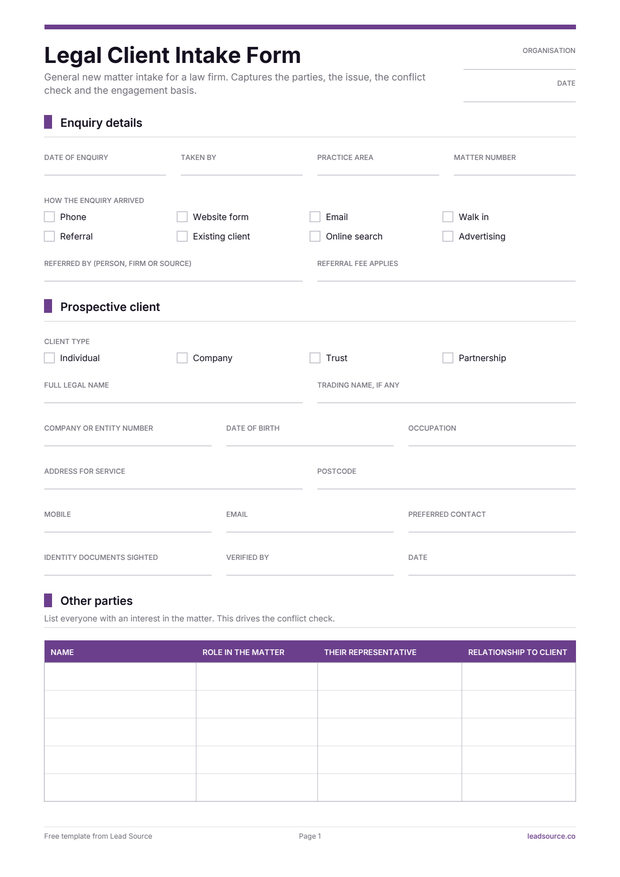 Legal client intake form template, page 1