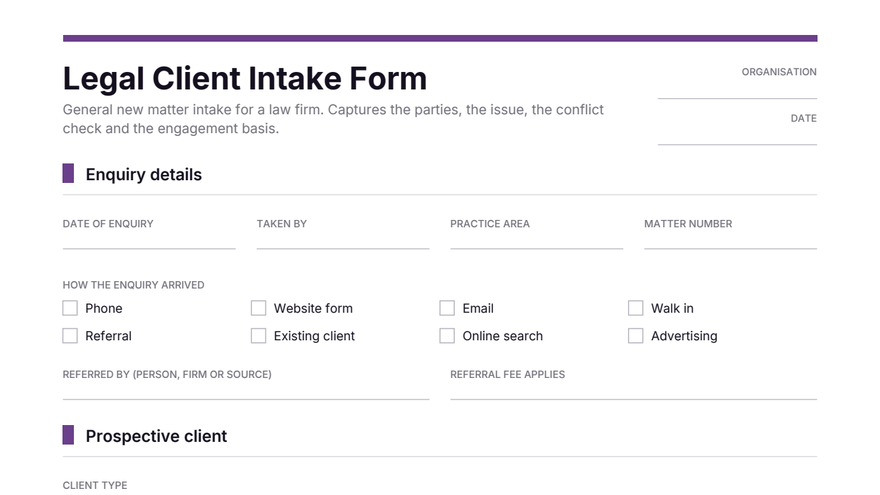 Legal client intake form template thumbnail