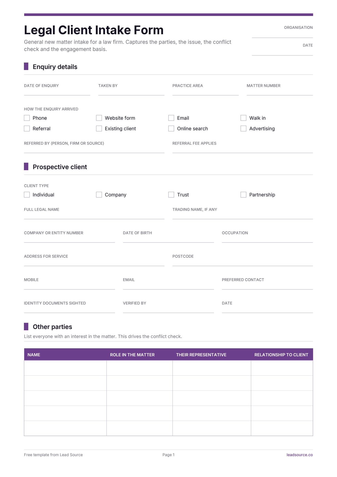 Legal client intake form template, page 1 of 3