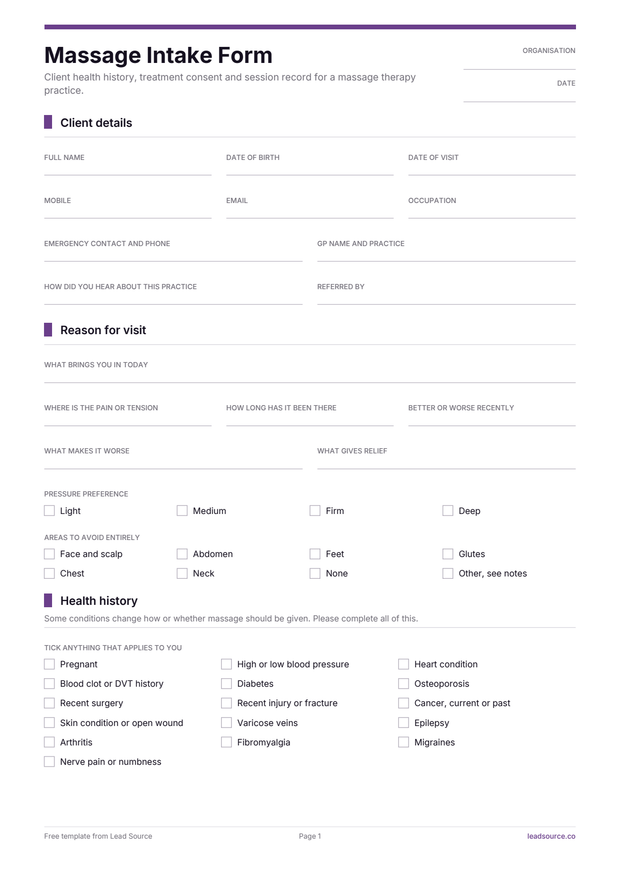 Massage intake form template, page 1