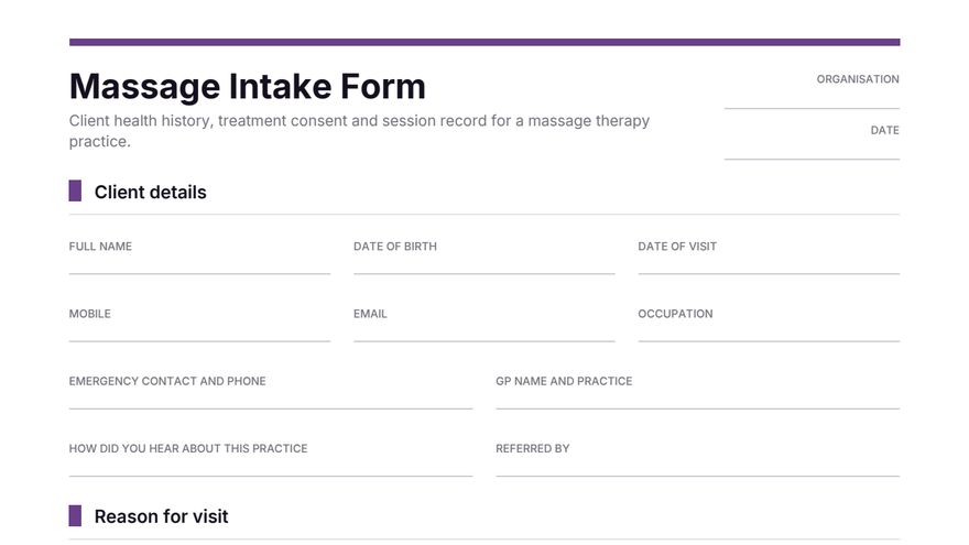 Massage intake form template thumbnail