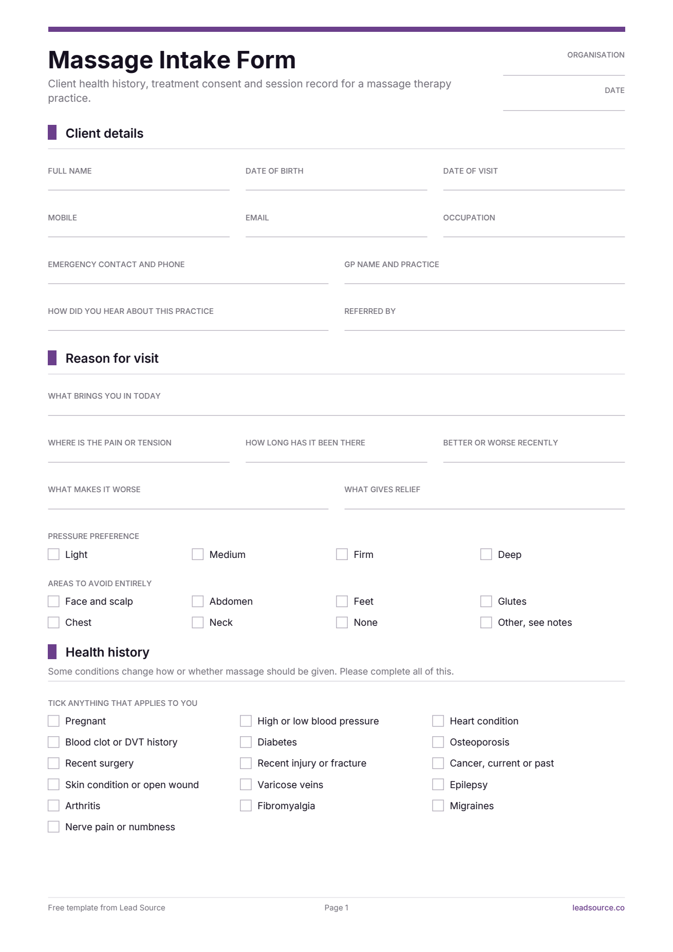 Massage intake form template, page 1 of 2