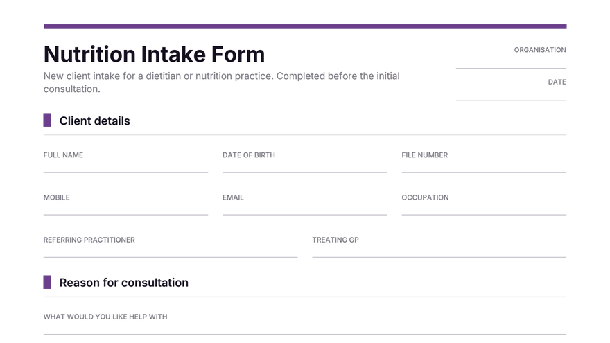 Nutrition intake form template thumbnail