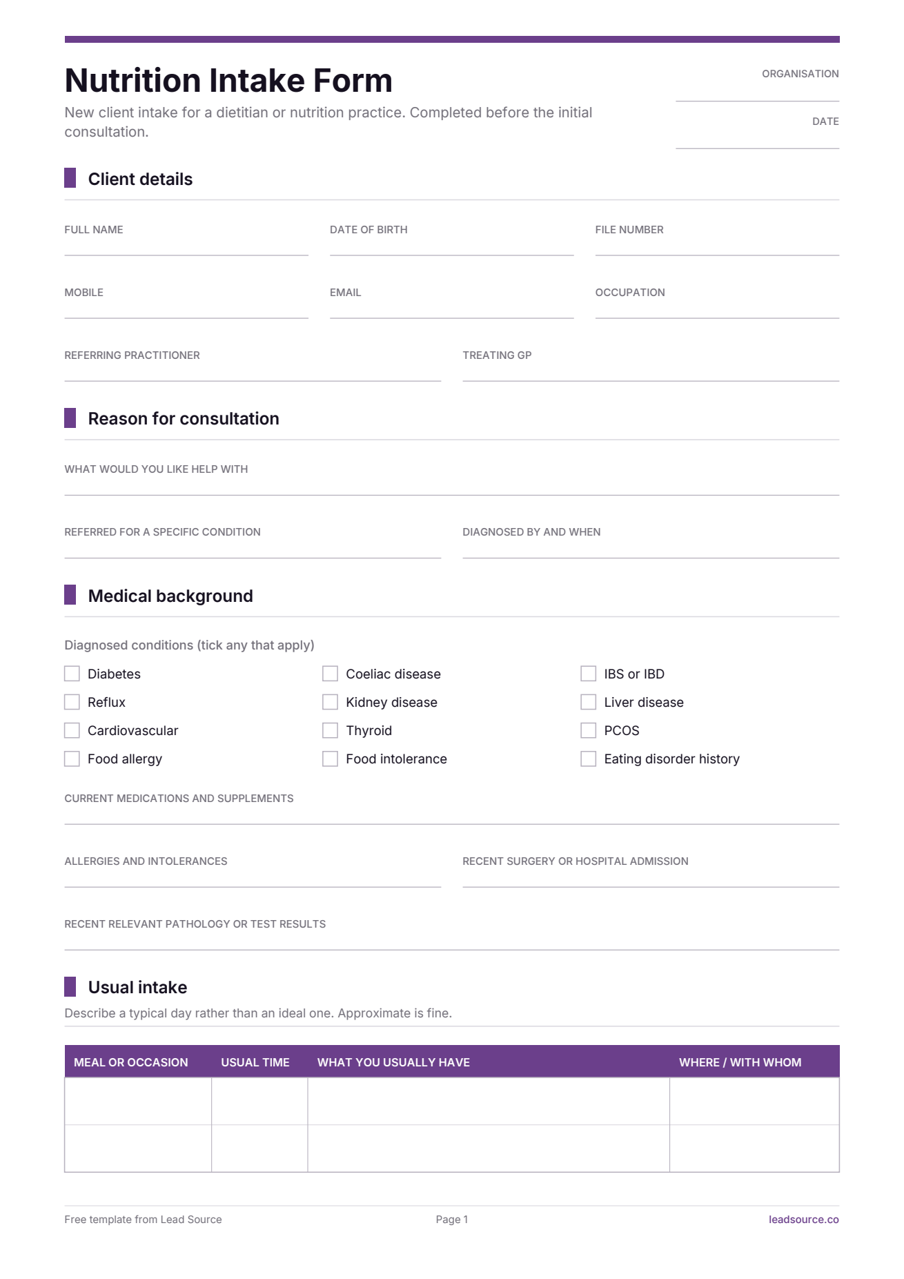 Nutrition intake form template, page 1 of 3