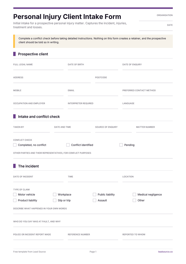 Personal injury intake form template, page 1