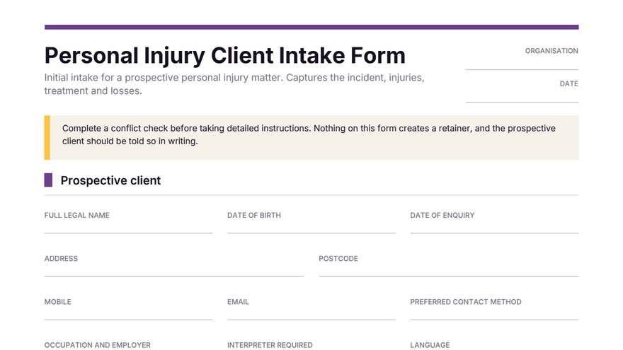Personal injury intake form template thumbnail