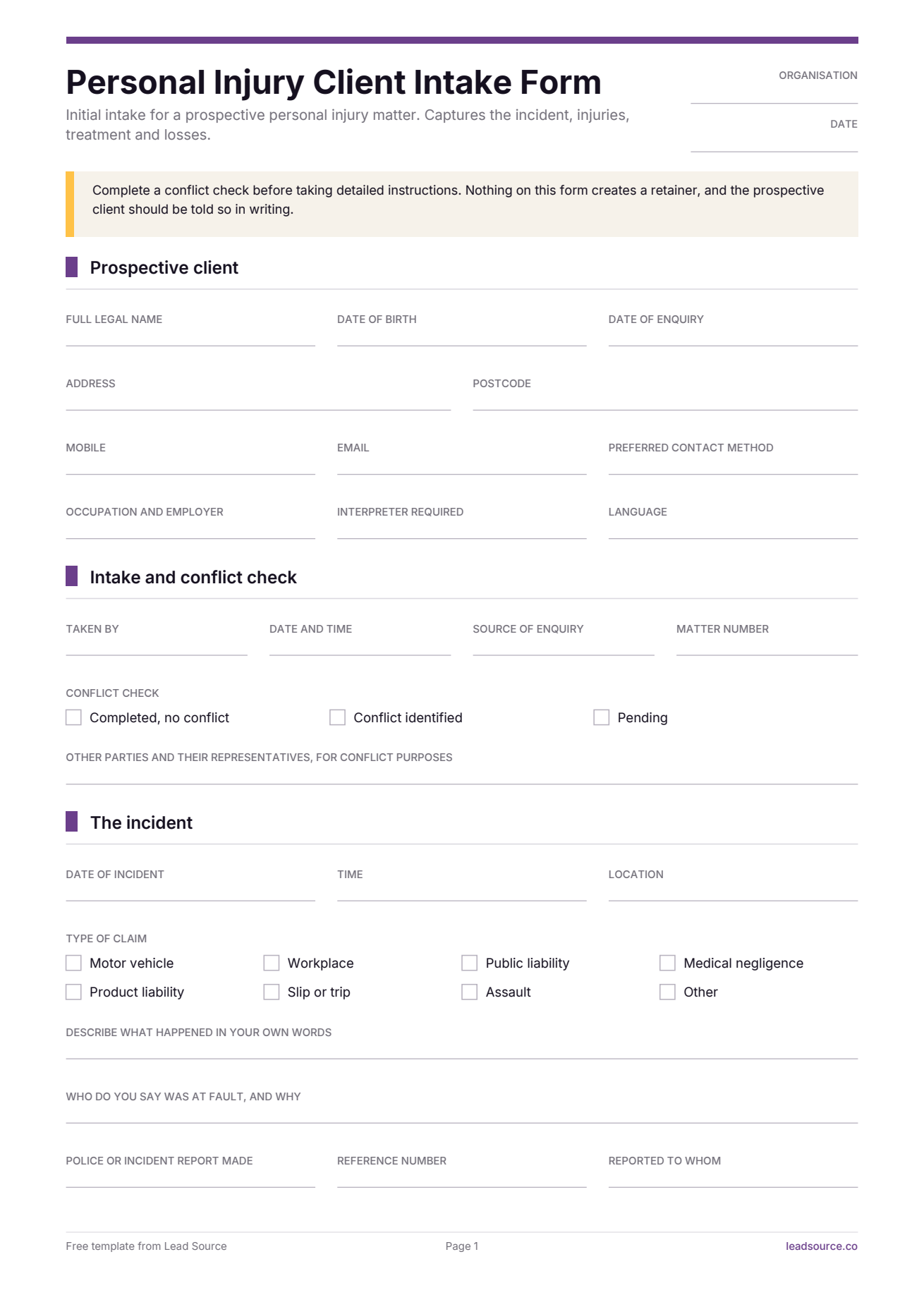 Personal injury intake form template, page 1 of 3