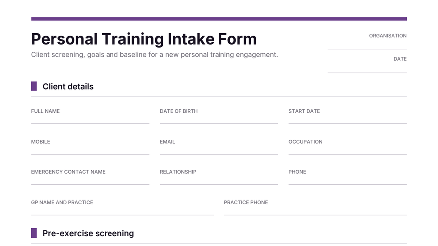 Personal training intake form template thumbnail