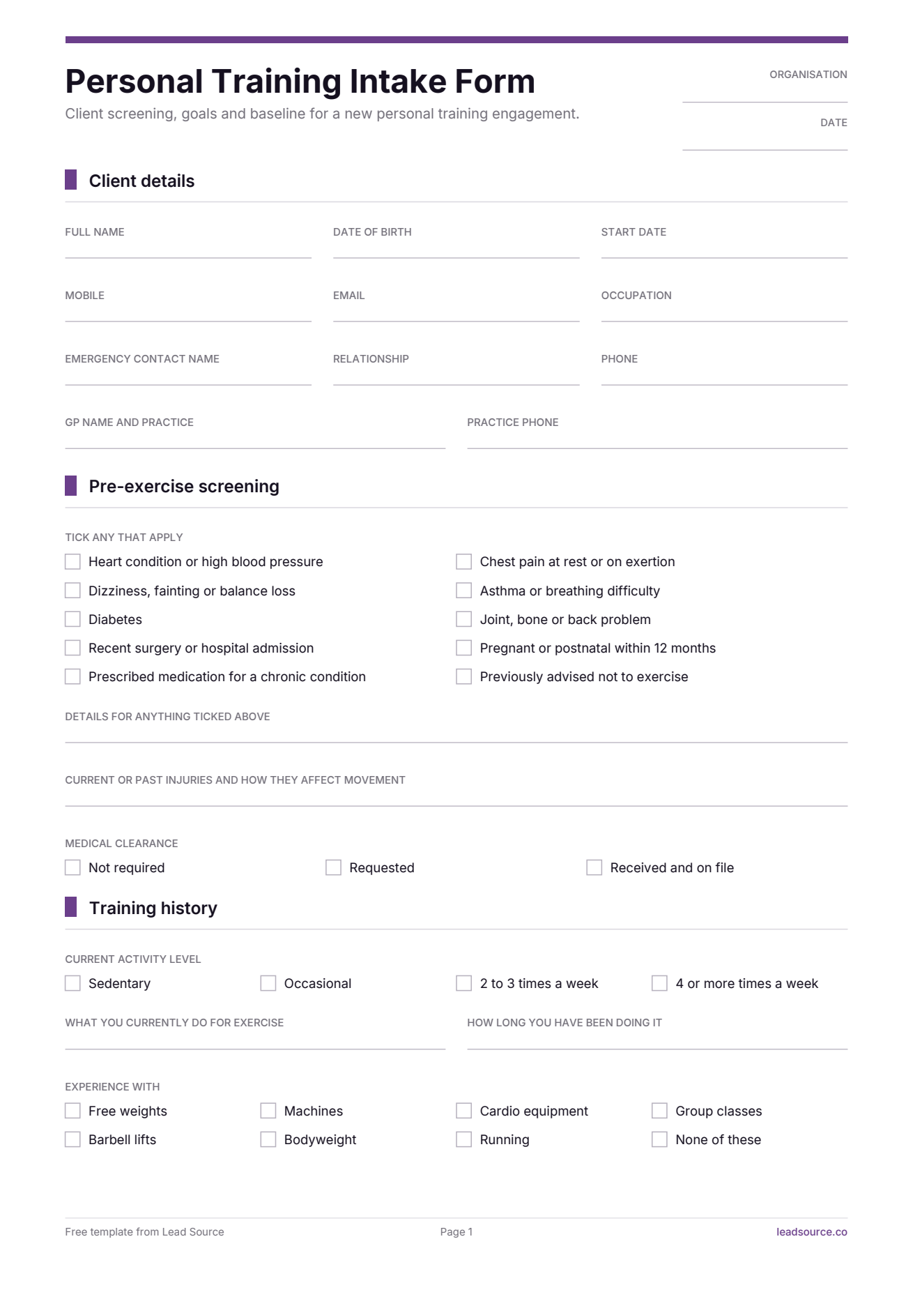 Personal training intake form template, page 1 of 2