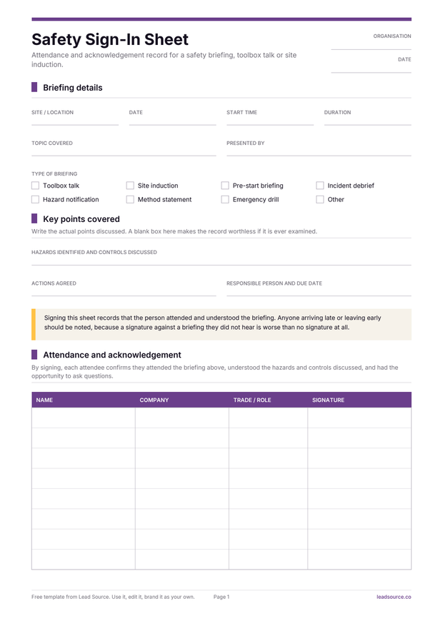 Safety sign-in sheet template, page 1