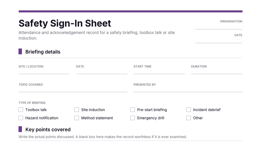 Safety sign-in sheet template thumbnail