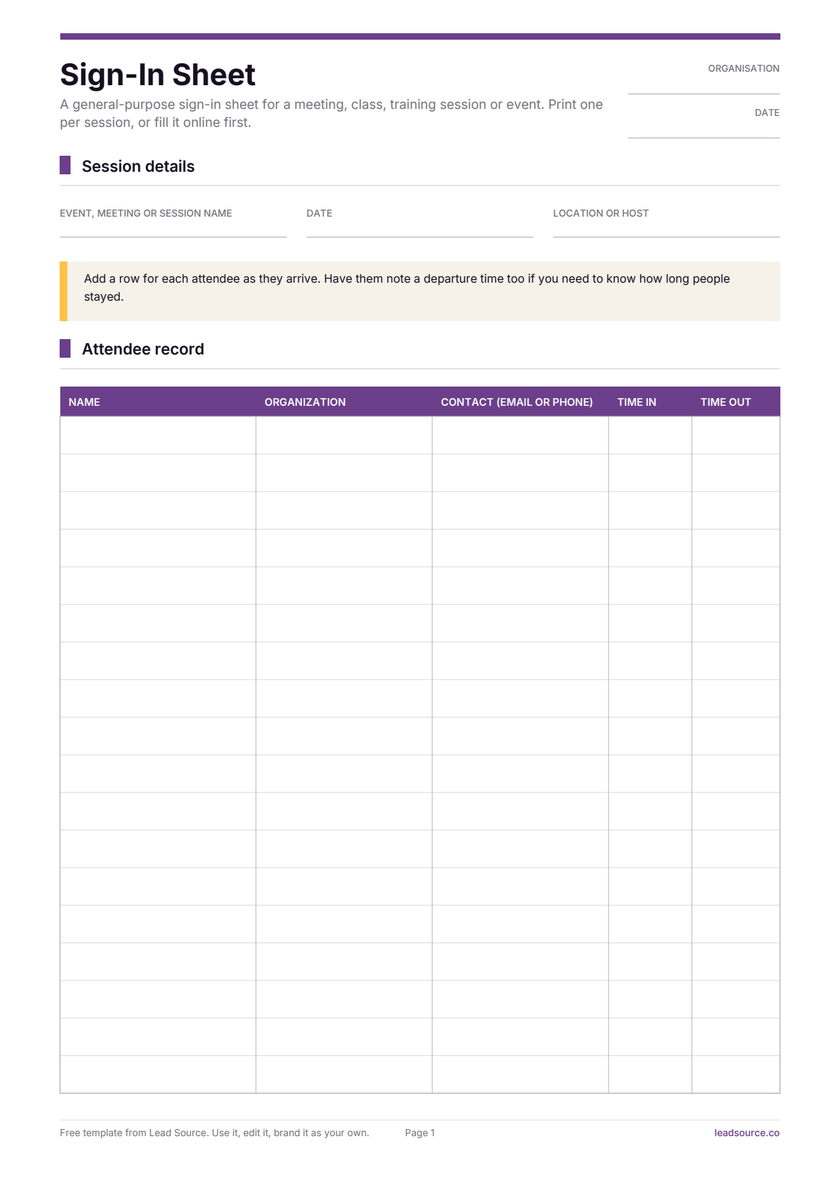 Sign-in sheet template, page 1 of 2