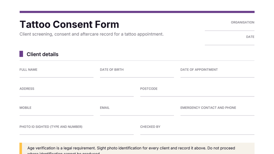 Tattoo consent form template thumbnail