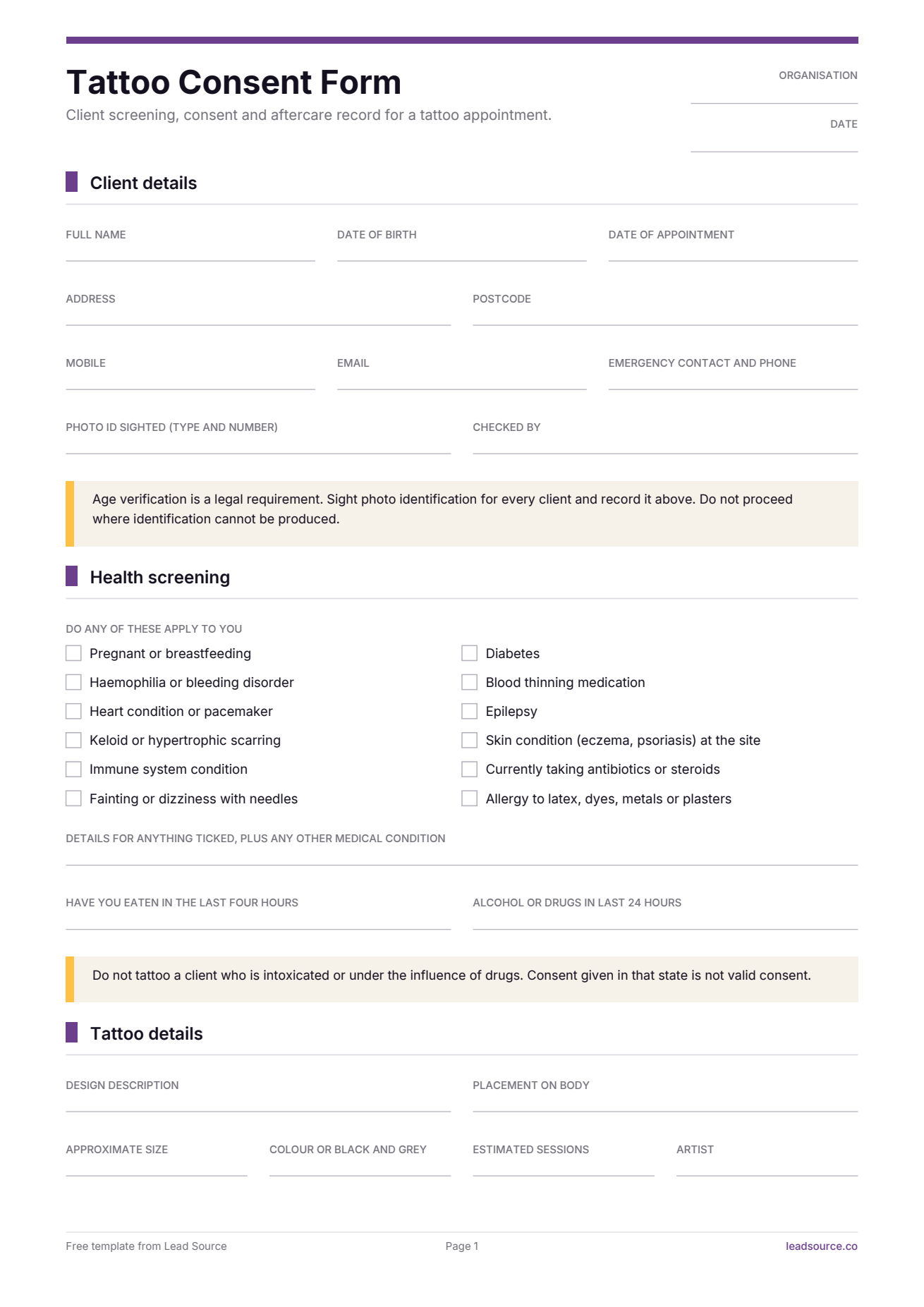Tattoo consent form template, page 1 of 2