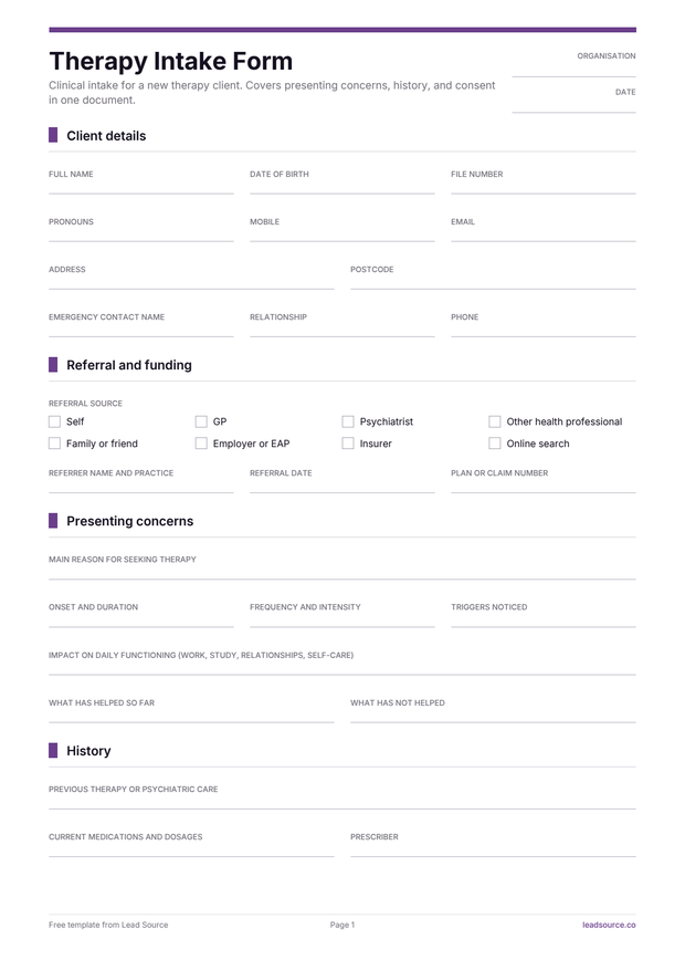 Therapy intake form template, page 1