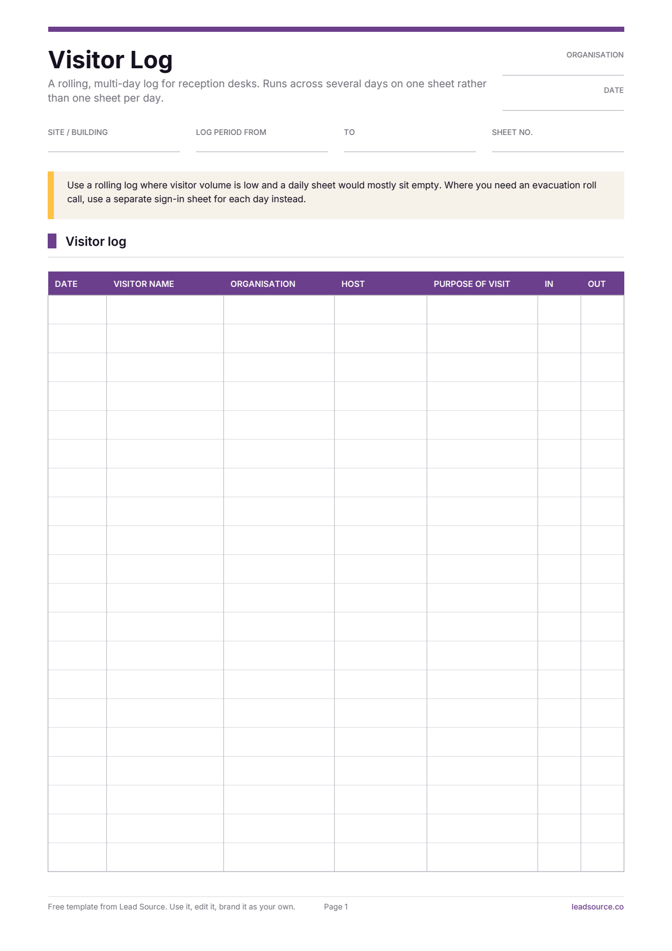 Visitor log template, page 1 of 2