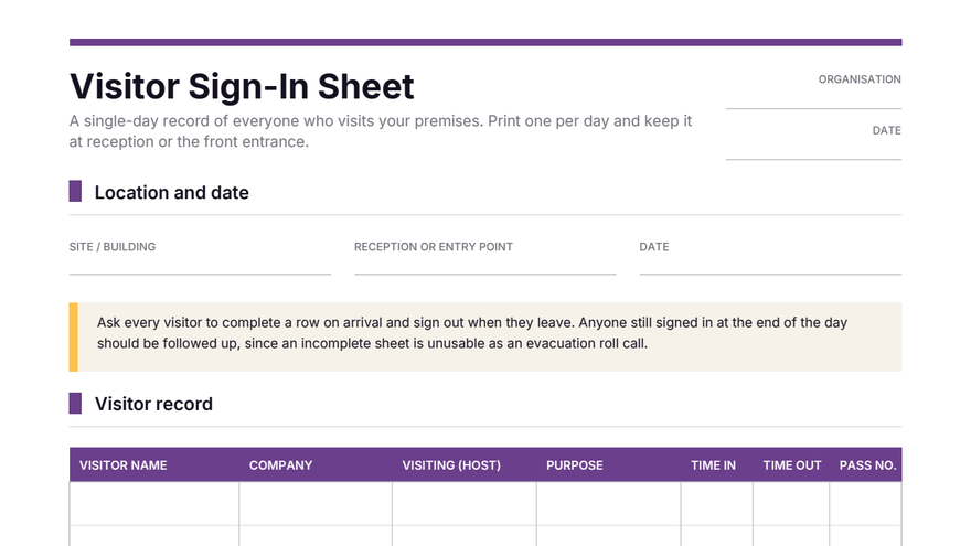 Visitor sign-in sheet template thumbnail