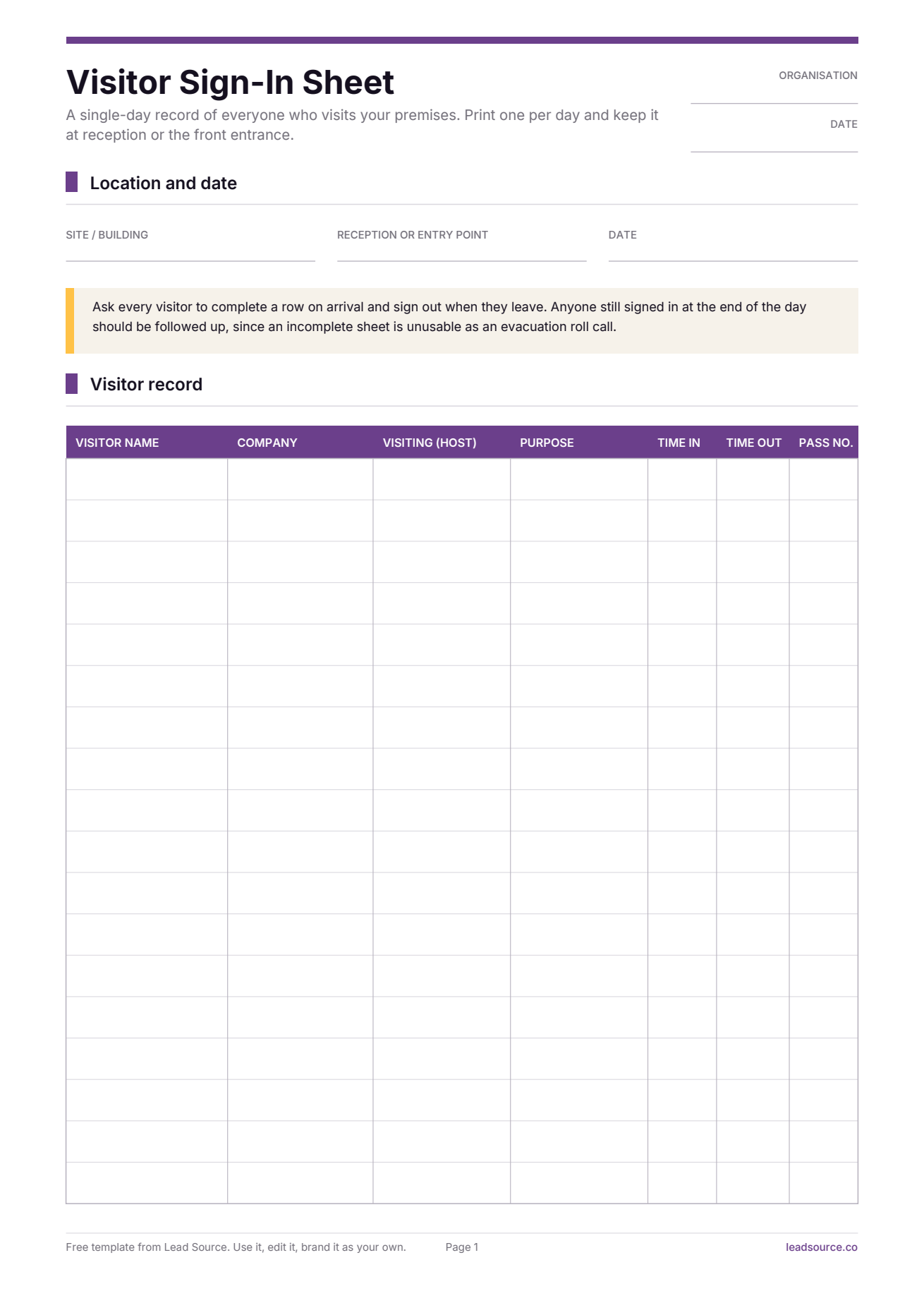 Visitor sign-in sheet template, page 1 of 2