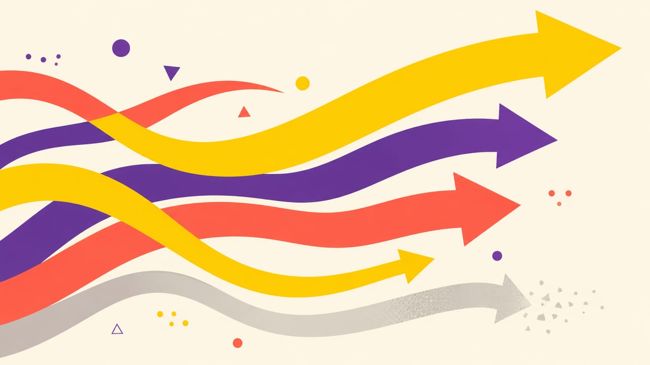 Abstract illustration: several distinct coloured channels flowing in parallel.