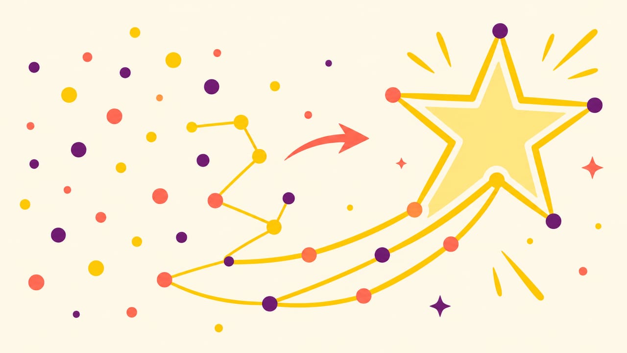 Abstract illustration: scattered dots connecting into a path that leads to a single bright point.
