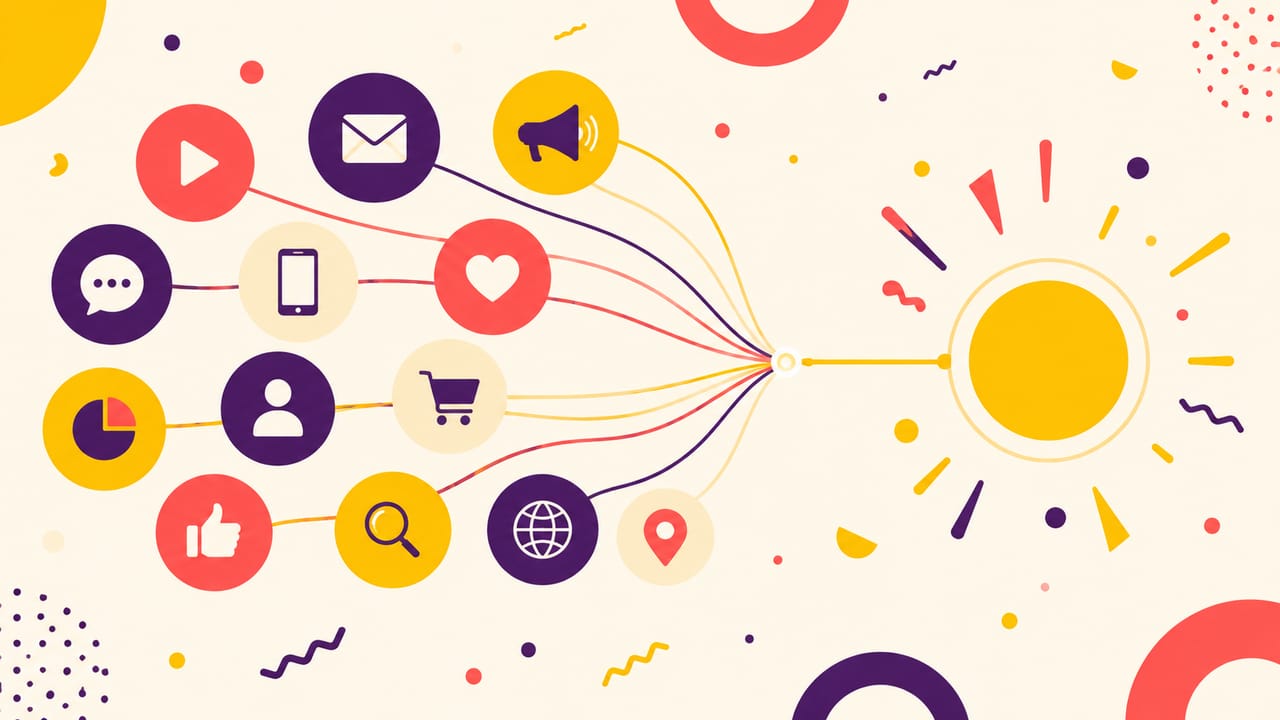 Abstract illustration: many marketing channel icons converging along lines into a single bright source.