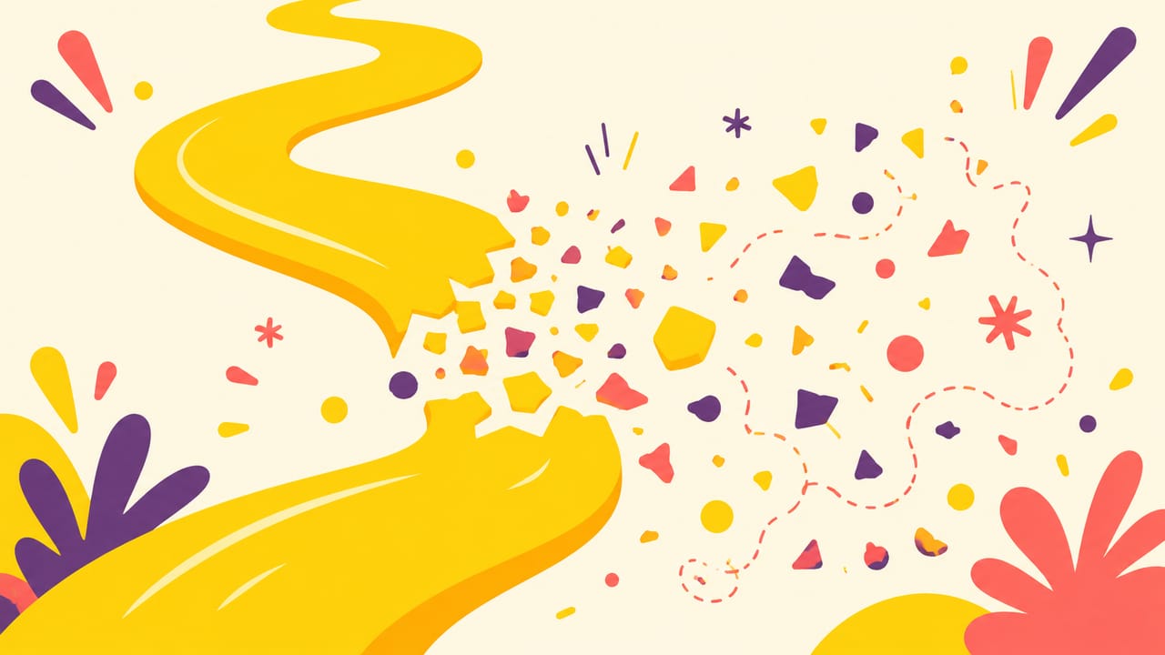 Abstract illustration: a solid path breaking apart into scattered fragments midway.