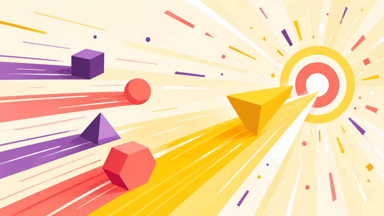 Abstract illustration: a dart racing toward a bullseye, first to reach the target.