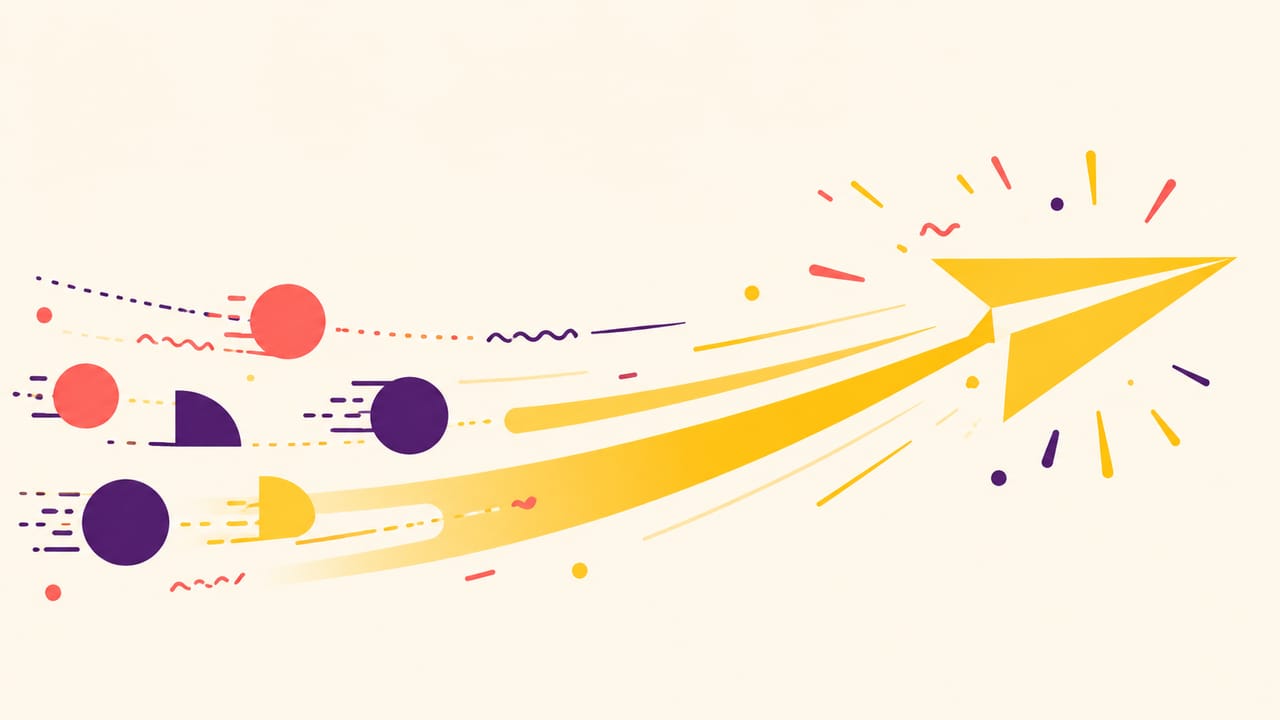 Abstract illustration: a paper plane streaking forward at speed with motion trails.