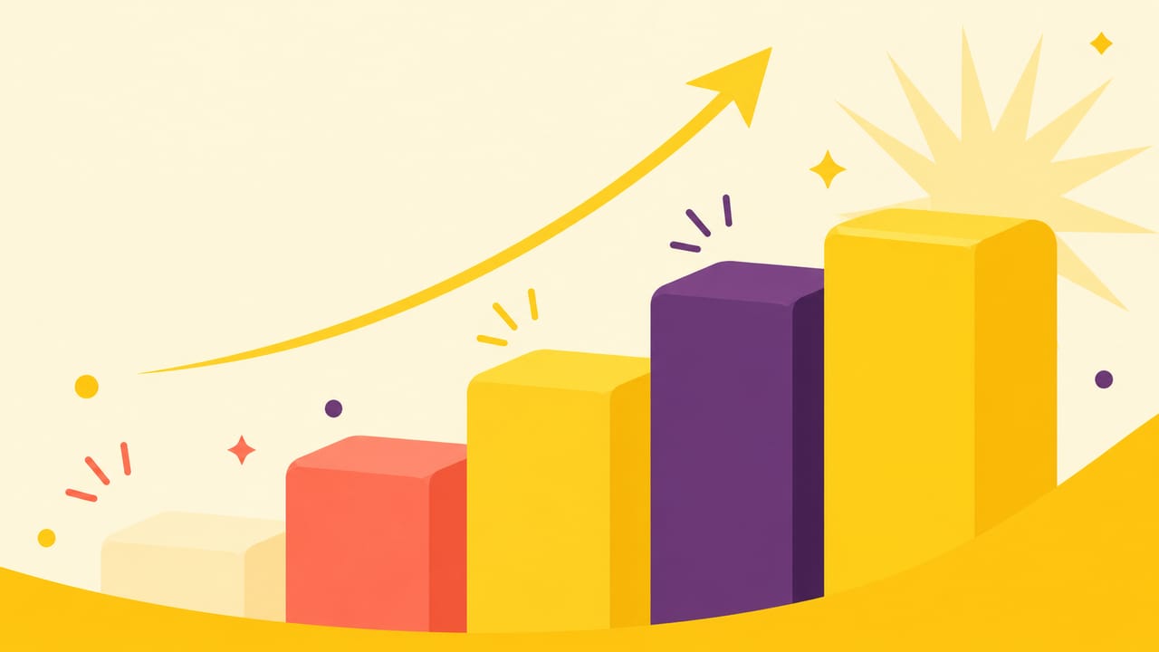 Abstract illustration: a row of rising bars under a climbing arrow, with the final bar lit brightest, the last step taking the credit.