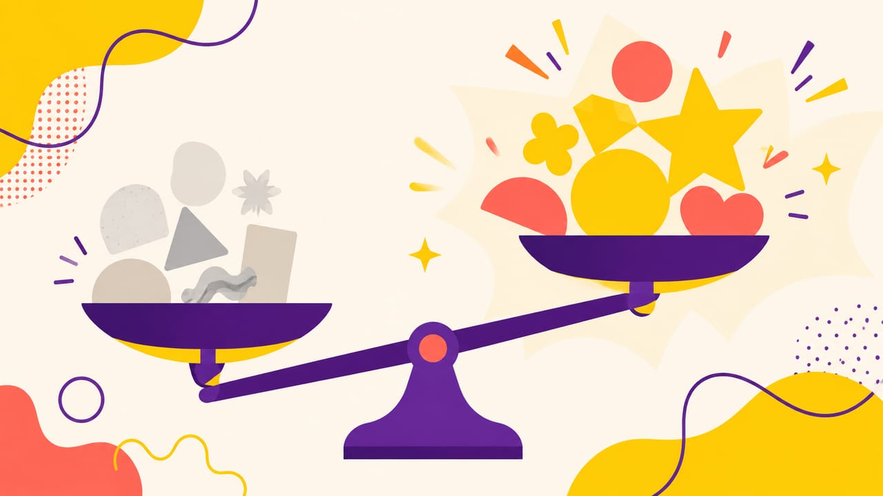 Abstract illustration: a balance scale weighing dull grey shapes against bright valuable ones.