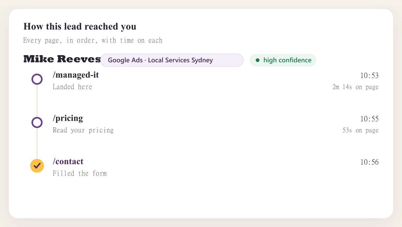 Marketing attribution dashboard in Lead Source showing the full page journey a lead took before enquiring