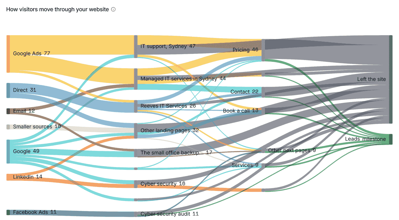 How visitors move through your website, the Lead Source Journeys flow: each source on the left (Google Ads 77, Google 49, Direct 31, LinkedIn 14, Email 12, Facebook Ads 11) flows into the landing pages it brought people to, then the next pages they read, and on to either Left the site or the Leads milestone.