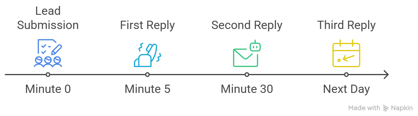 Three businesses replying to the same enquiry at different speeds: the first reply gets the conversation while the later ones arrive after the buyer has started deciding.