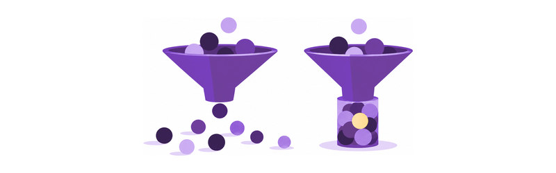 Two funnels, one letting spheres fall away onto the floor, one catching them in a container.