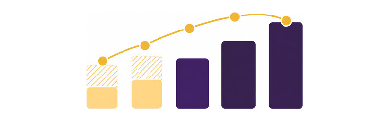 Five bars in a row, two cut short with hatched outlines above them, three taller, and an arc of nodes curving over the top.
