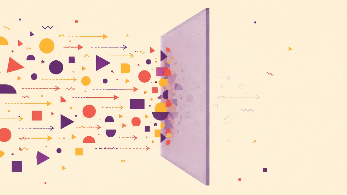 Colourful shapes streaming toward a tall translucent panel and piling up, only faint outlines passing through.